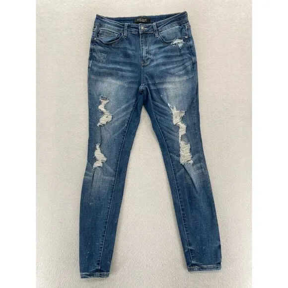 Judy Blue Jeans Women's 7/28 Skinny Fit Medium Blue Stretch Denim Distressed - Picture 1 of 14